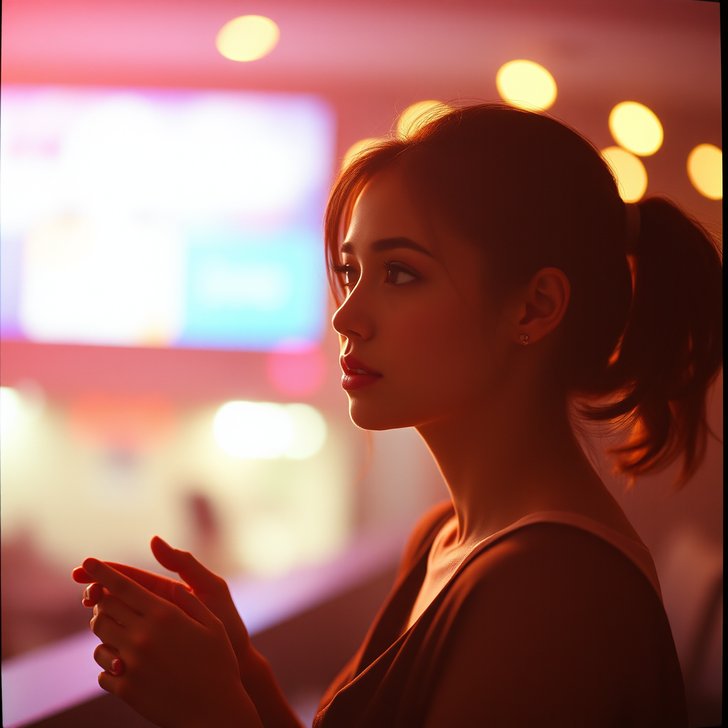 A woman with short brunette hair and a black shirt stands in front of a brightly lit screen and yellow lights, viewed in p...