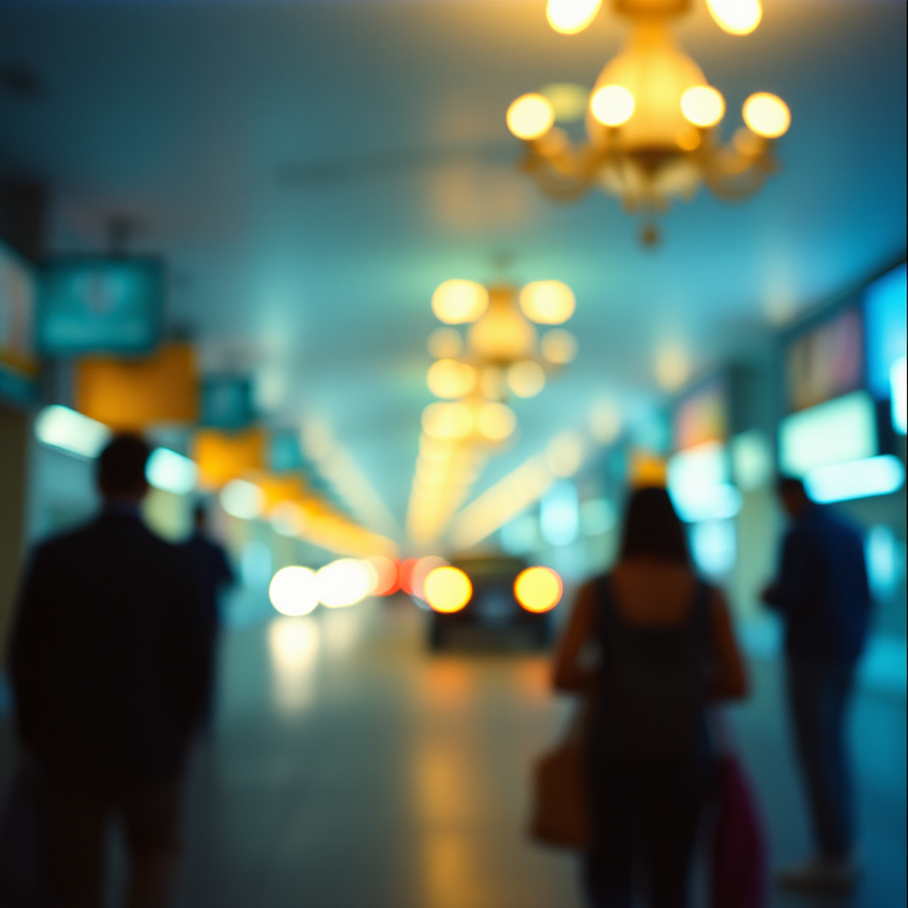 Blurred view of people walking in a brightly lit tunnel, possibly a subway station.