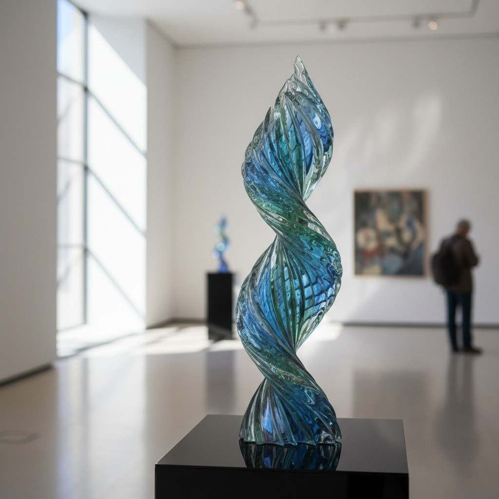 A modern art gallery is showcased, featuring a striking translucent blue glass sculpture resembling a twisted spiral. The ...