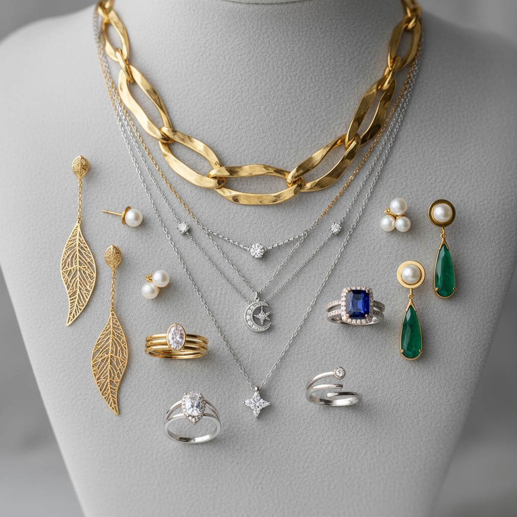 This image showcases an assortment of elegant jewelry pieces. **Overview** The image presents a collection of various jewe...