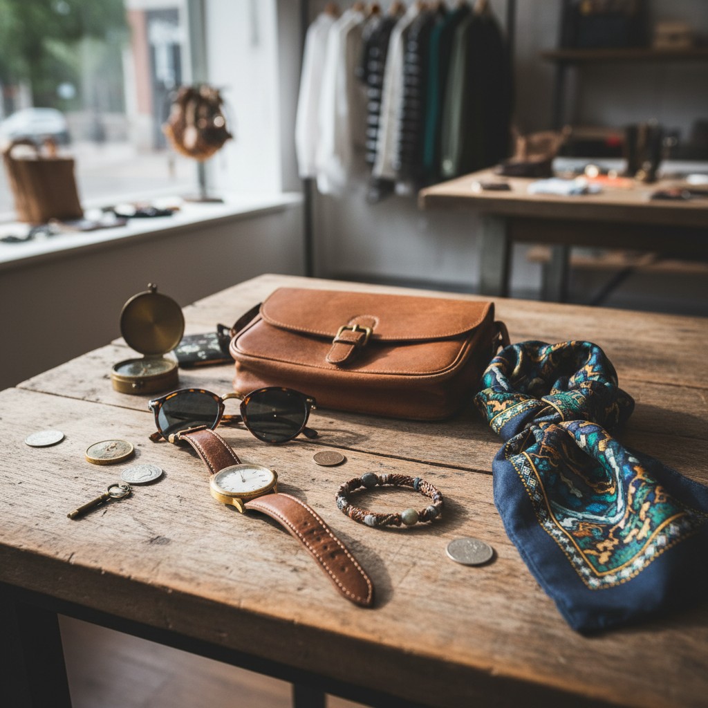 A daylight scene of a shop setting, featuring a wooden table with various clothing items and accessories, including a brow...