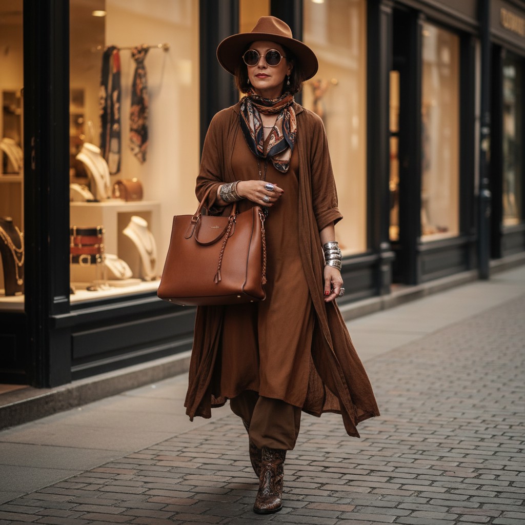 A woman walks down the street in front of storefront windows, modeling a stylish outfit consisting of tan clothing, includ...